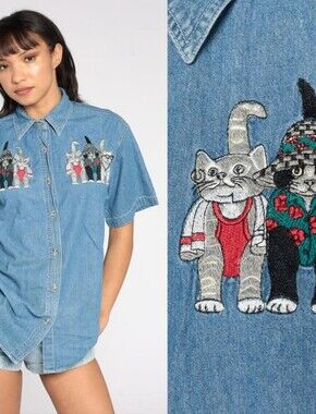 VINTAGE Denim Cat Shirt Embroidered Short Sleeve Shirt - Blue